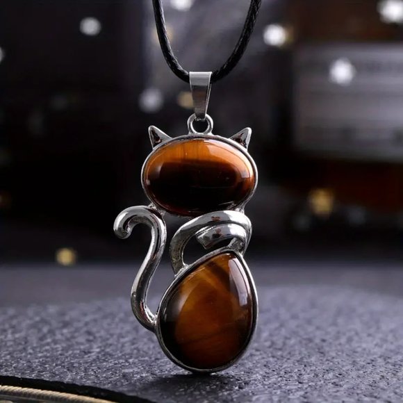 Tiger Eye Natural Stone Cute Cat Pendant Necklace - Picture 3 of 3